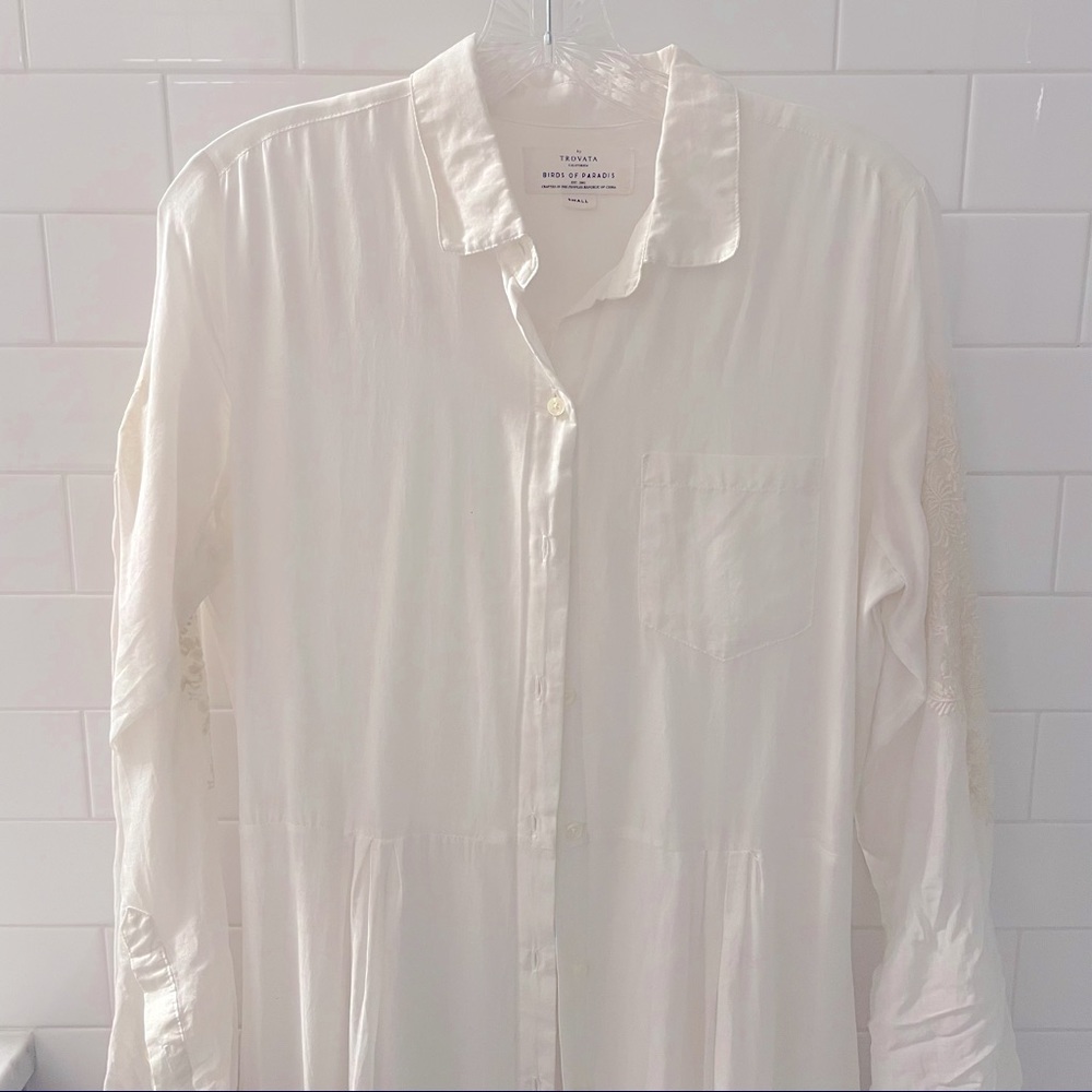 Trovata Birds of Paradis Small embroidered coverup shirt dress maxi boho bride